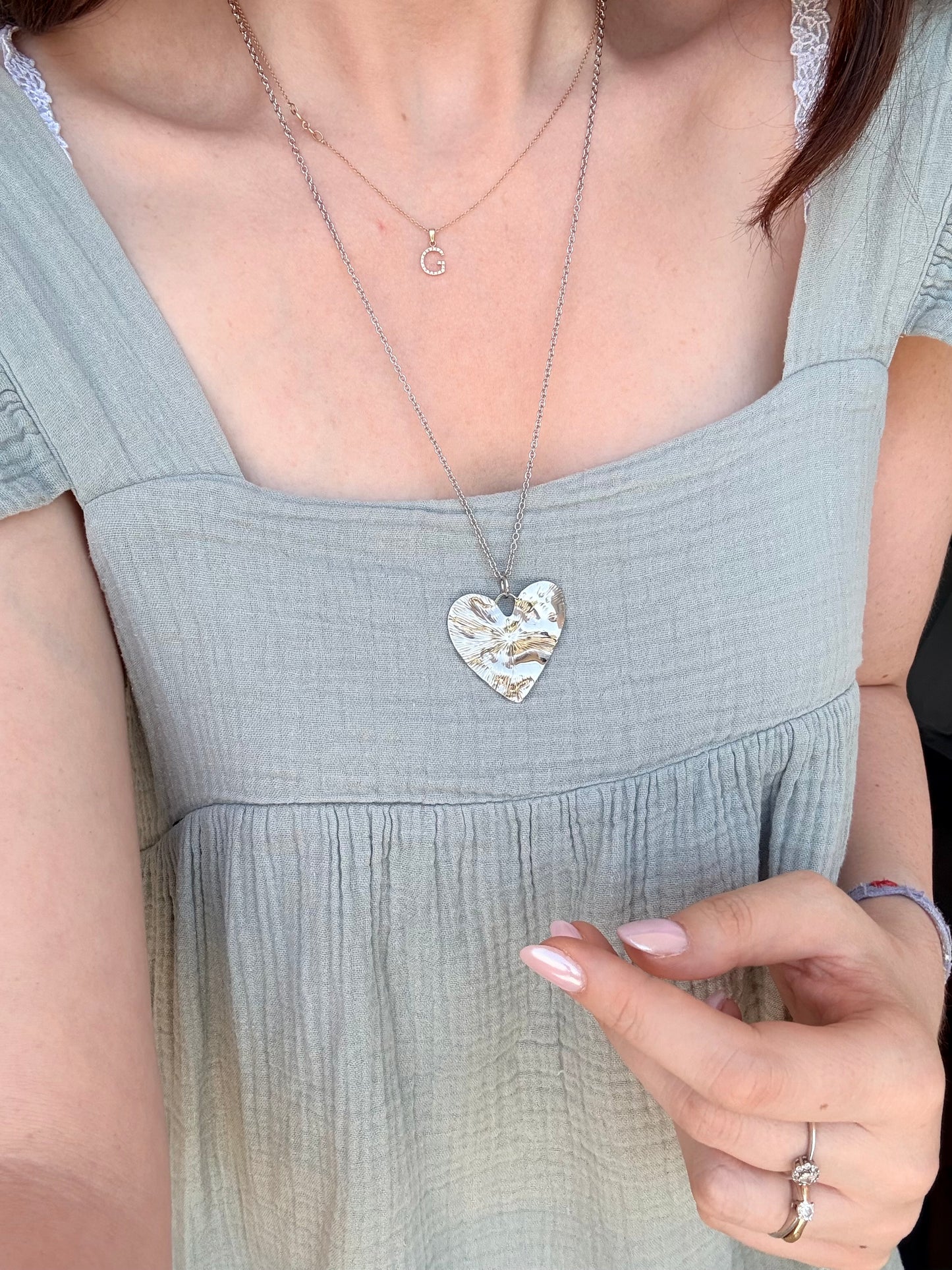COLLANA CATENA FORZATINA CON CUORE BATTUTO ACCIAIO