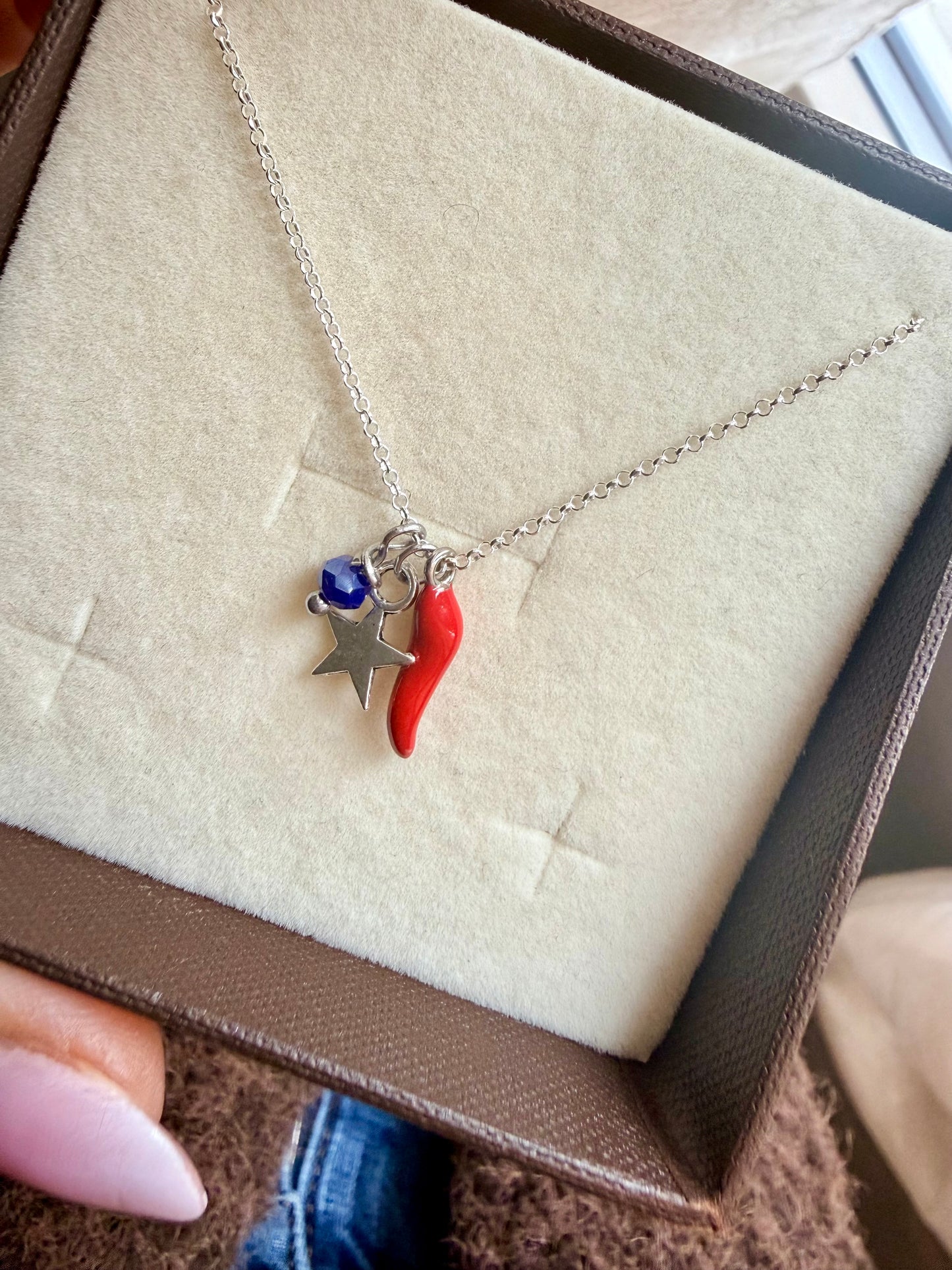 COLLANA PORTAFORTUNA CATENA ROLÓ CON CORNETTO + CRISTALLO + SIMBOLO EMOZIONALE