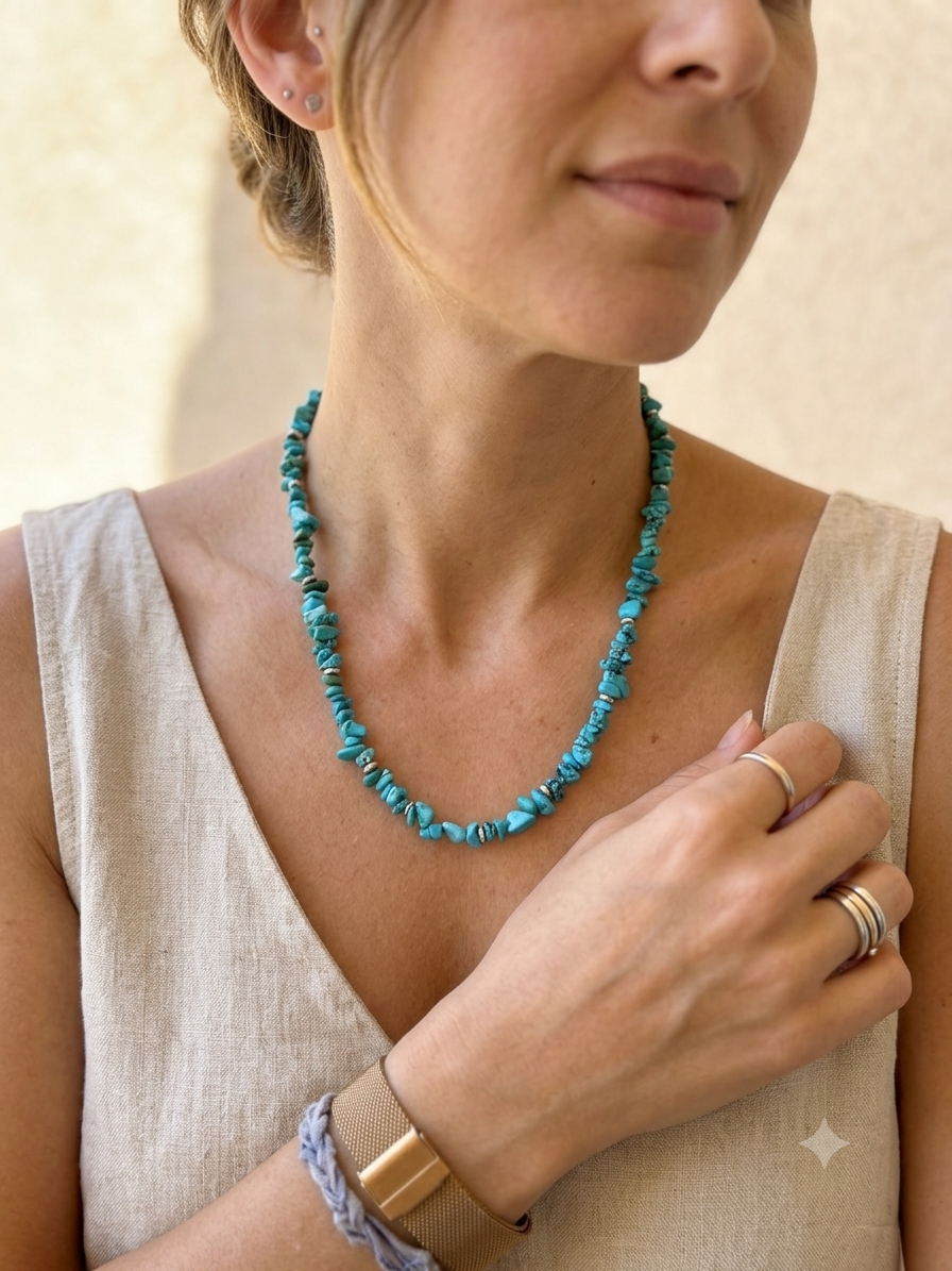COLLANA CON CHIPS DI AULITE TURCHESE E HEISHI IN ACCIAIO