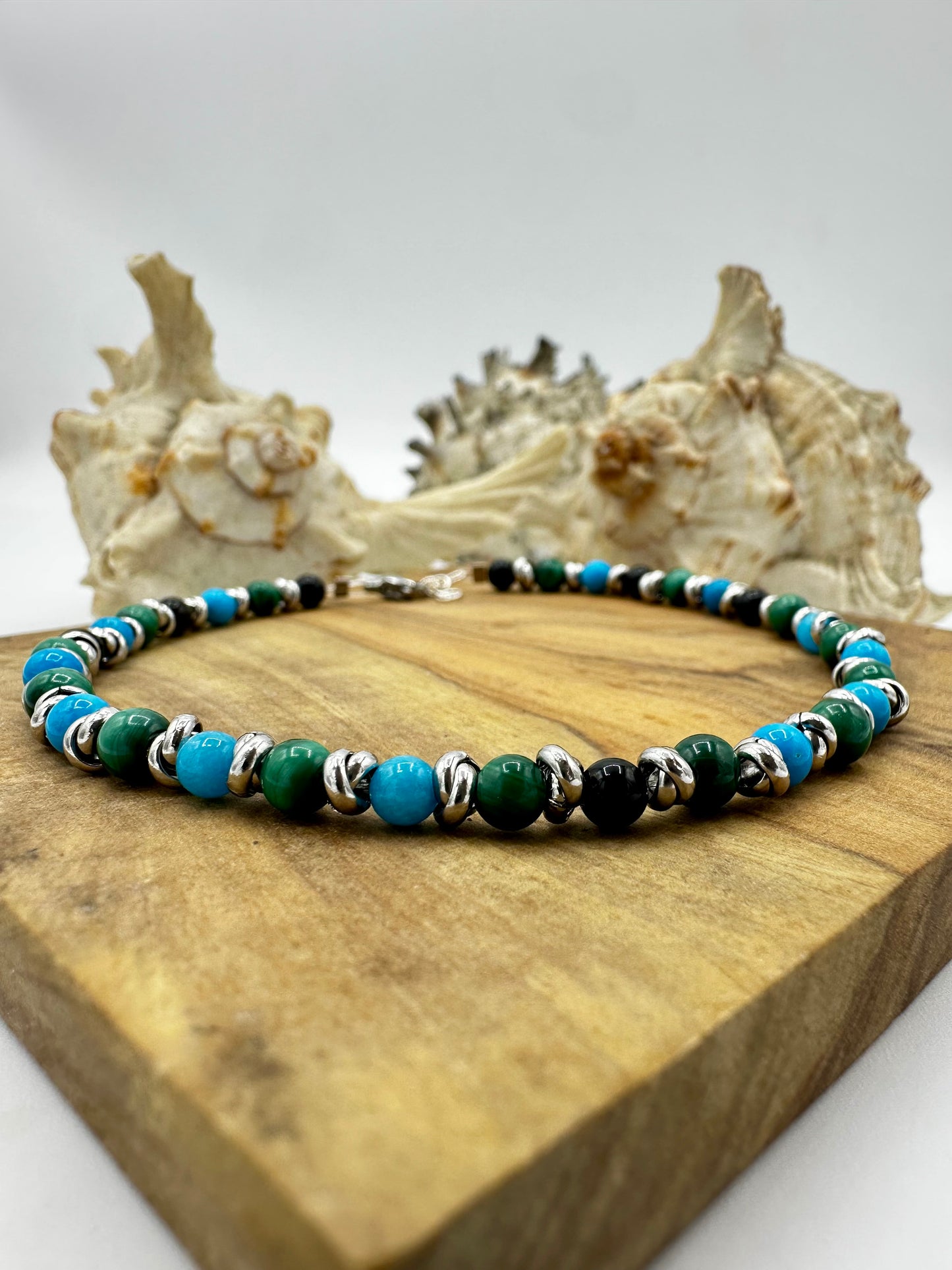 CAVIGLIERA UOMO CON OSSIDIANA, MALACHITE E GIADA TURCHESE