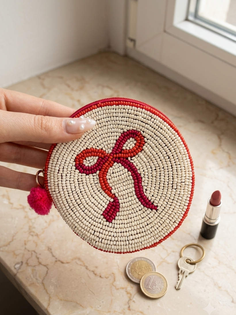 PORTAFOGLIO PICCOLO TONDO CON FIOCCO BIANCO-FUCSIA-ARANCIONE CALDO
