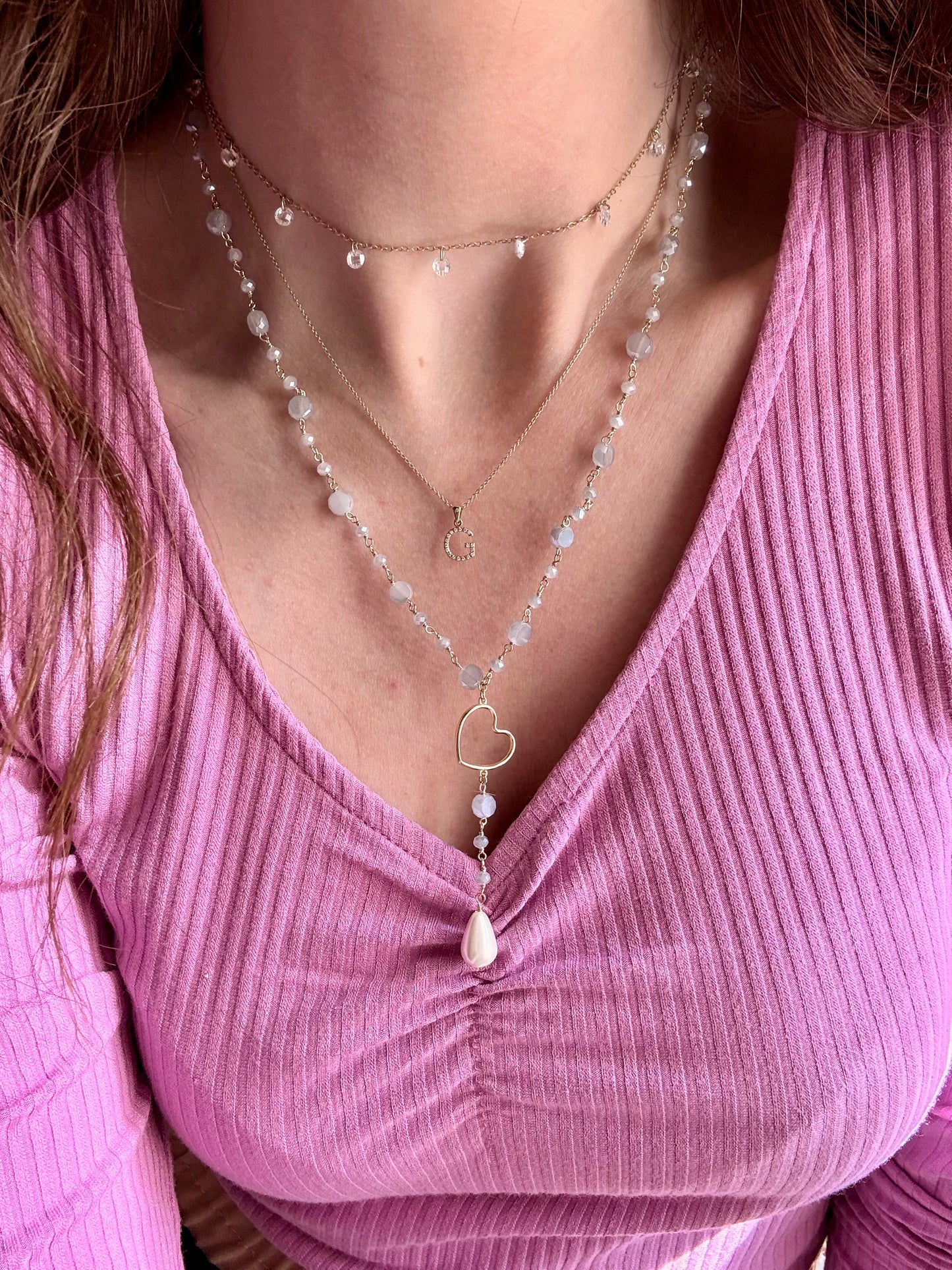 COLLANA ROSARIO AGATA GRIGIO CHIARO CON CUORE CENTRALE E PENDENTE CON MADREPERLA