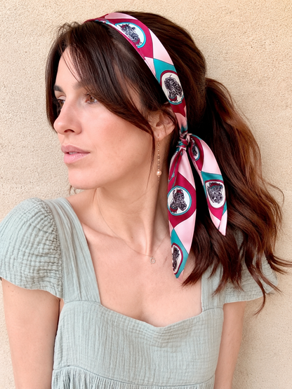 BANDANA FOULARD CON CANI ROSSO BORDEAUX-ROSA CHIARO-BLU TURCHESE