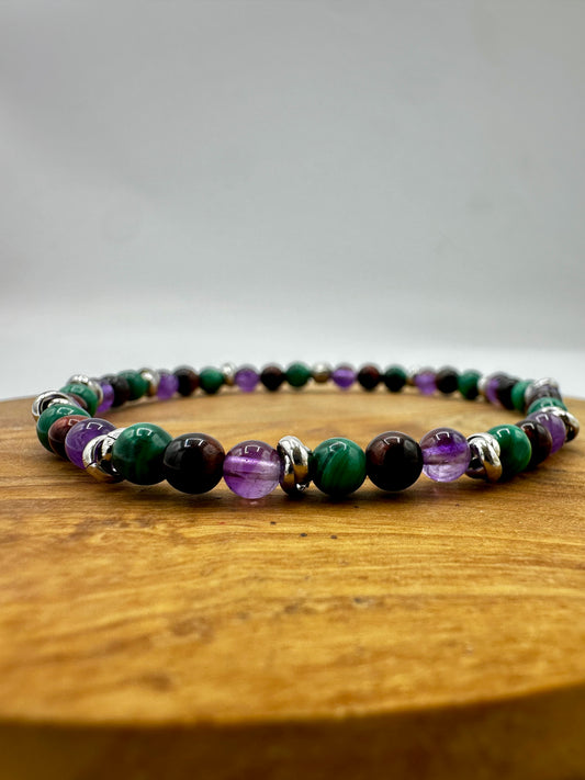 BRACCIALE ELASTICO CON AMETISTA, OCCHIO DI TIGRE ROSSO E MALACHITE