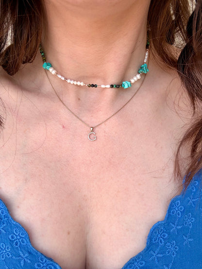 COLLANA CON PERLE E PIETRE TURCHESE BASE ARGENTO ROSÉ