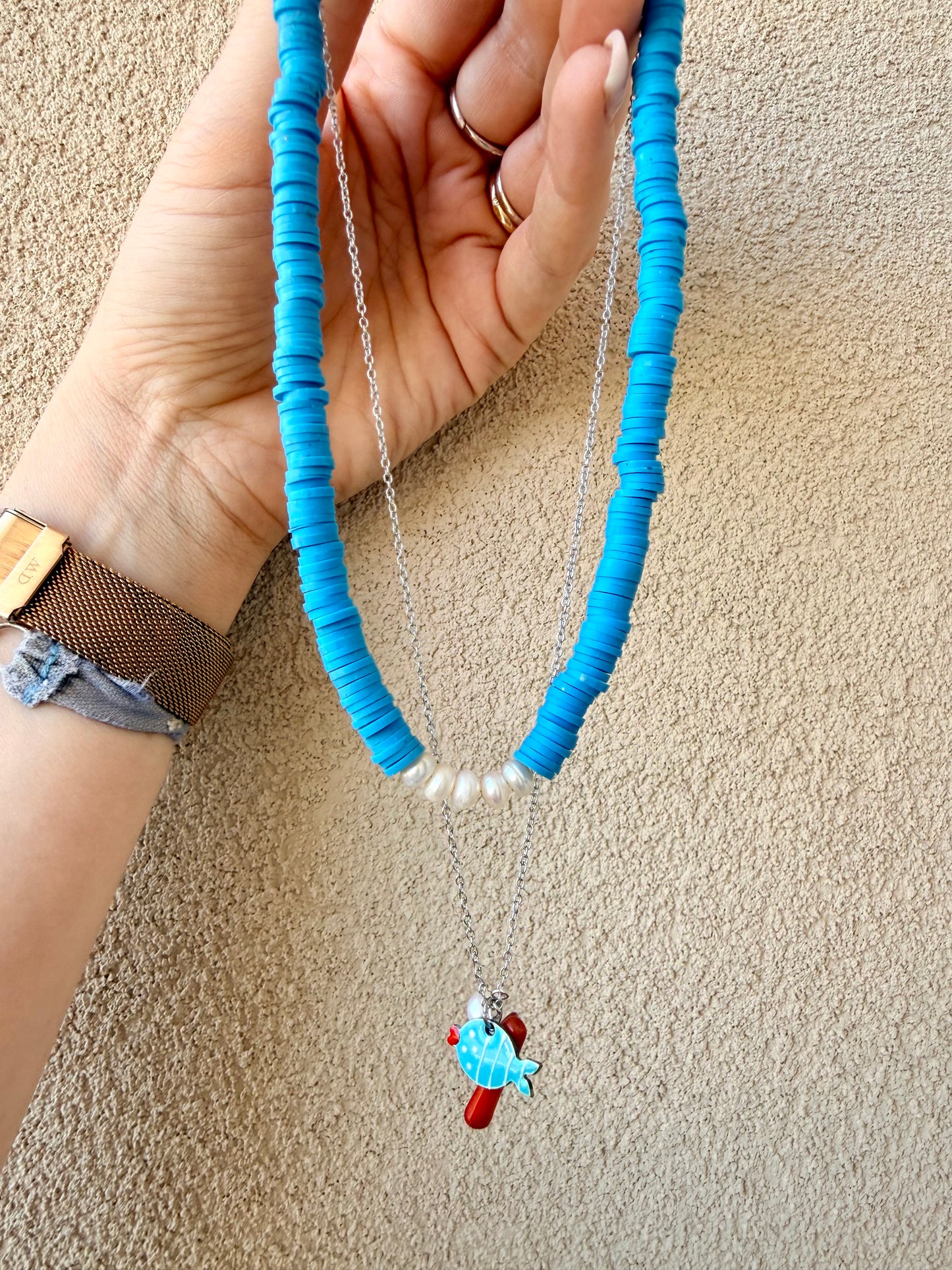 COLLANA CATENA FORZATINA IN ARGENTO 925 CON PESCE, CORALLO BAMBÙ E PERLA D’ACQUA DOLCE