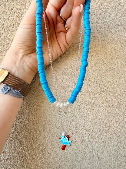 COLLANA CATENA FORZATINA IN ARGENTO 925 CON PESCE, CORALLO BAMBÙ E PERLA D’ACQUA DOLCE