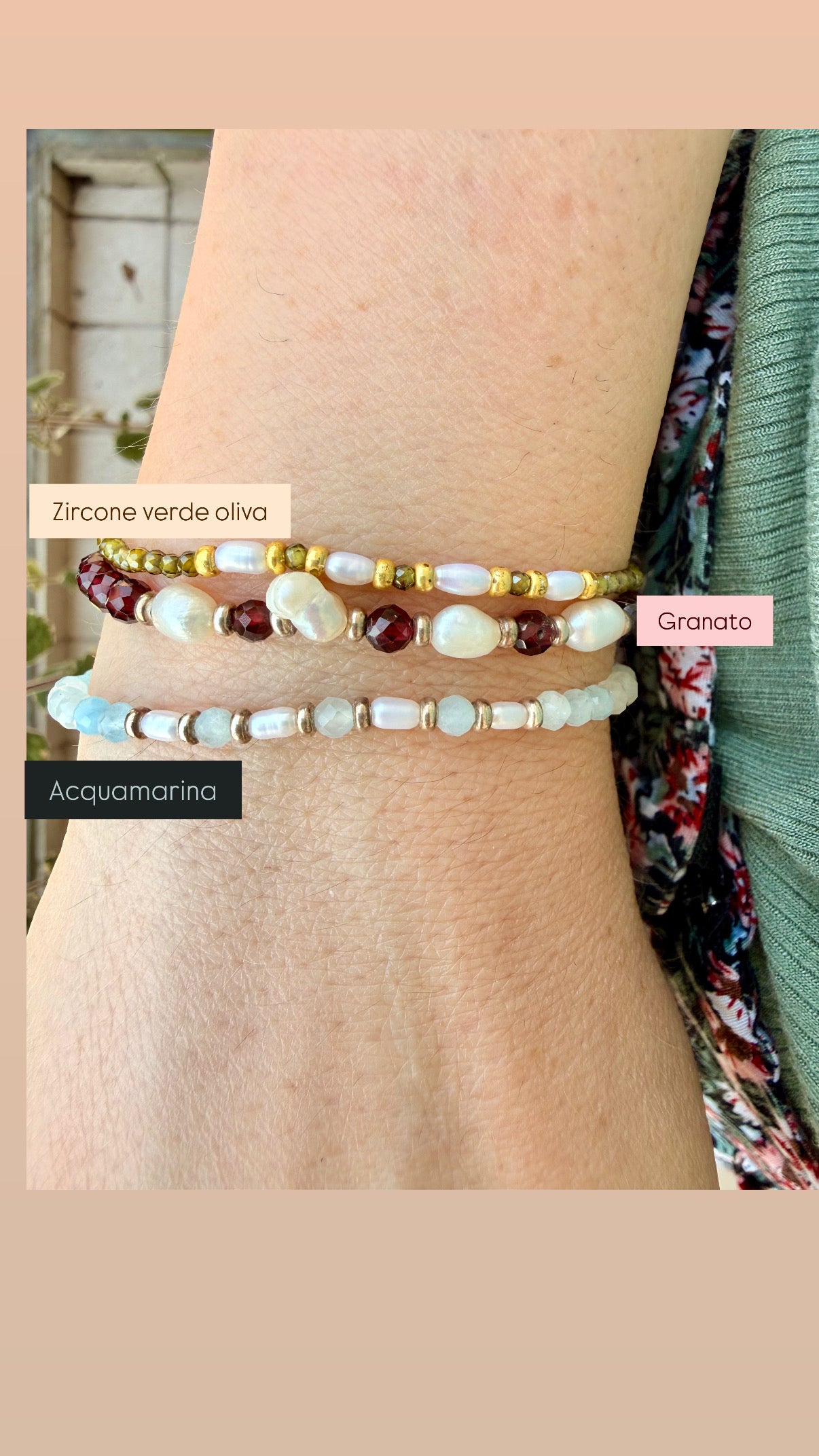 BRACCIALE PIETRE ALTERNATE A PERLE NATURALI BIANCHE E RONDELLE