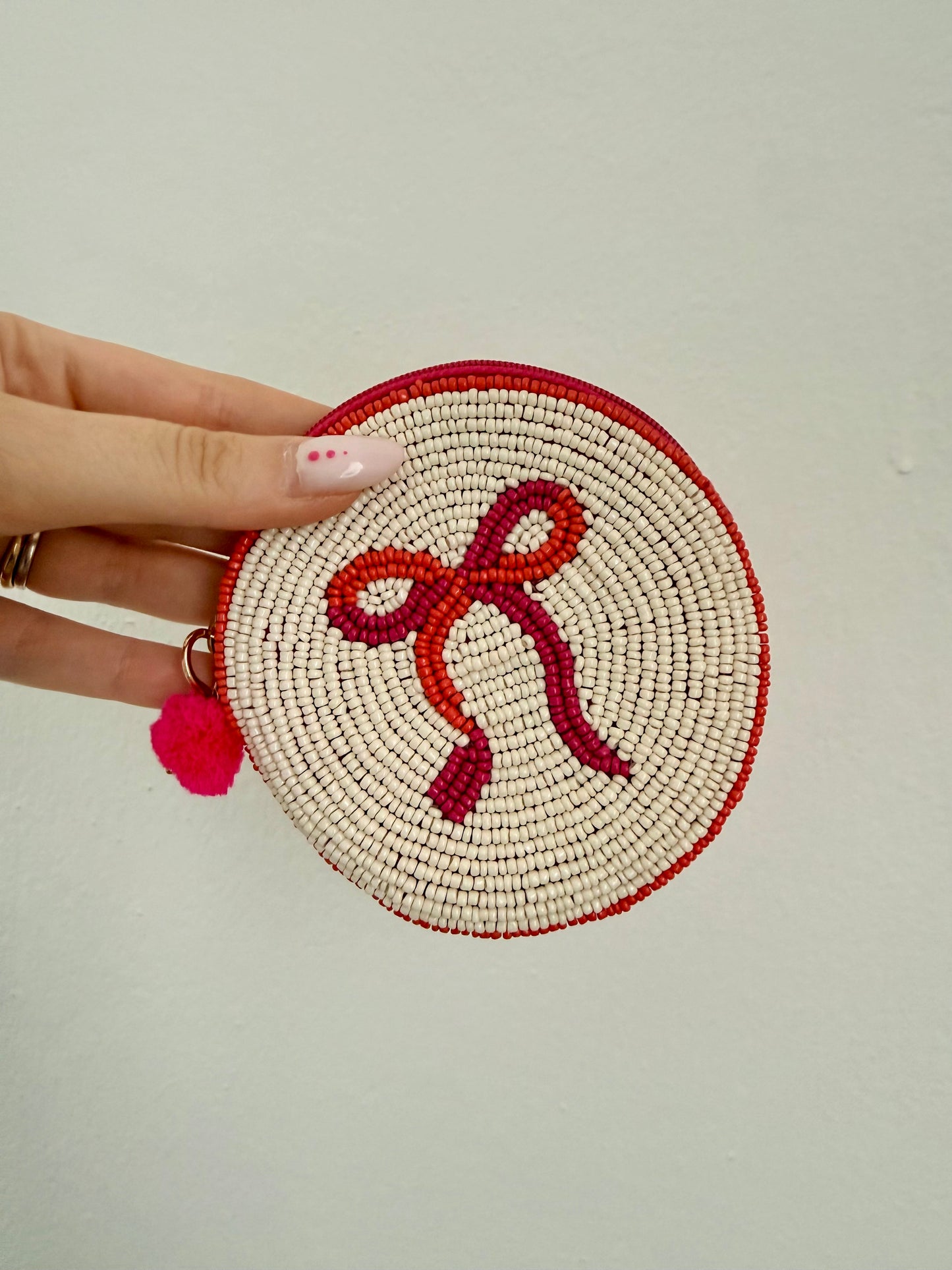 PORTAFOGLIO PICCOLO TONDO CON FIOCCO BIANCO-FUCSIA-ARANCIONE CALDO