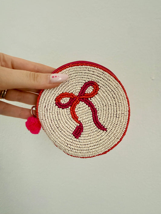 PORTAFOGLIO PICCOLO TONDO CON FIOCCO BIANCO-FUCSIA-ARANCIONE CALDO
