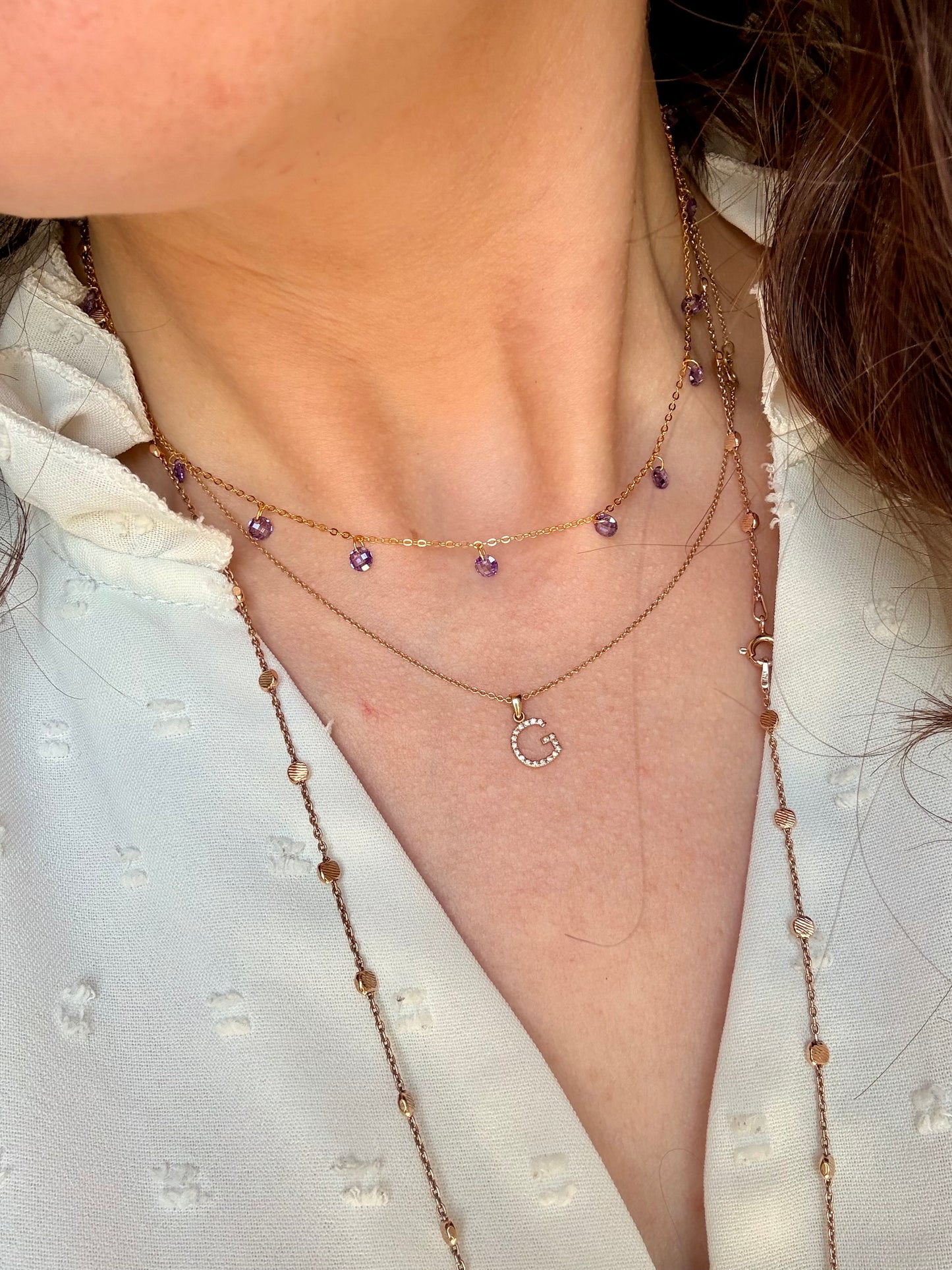 COLLANA CATENA FORZATINA CON ZIRCONI LILLA PENDENTI