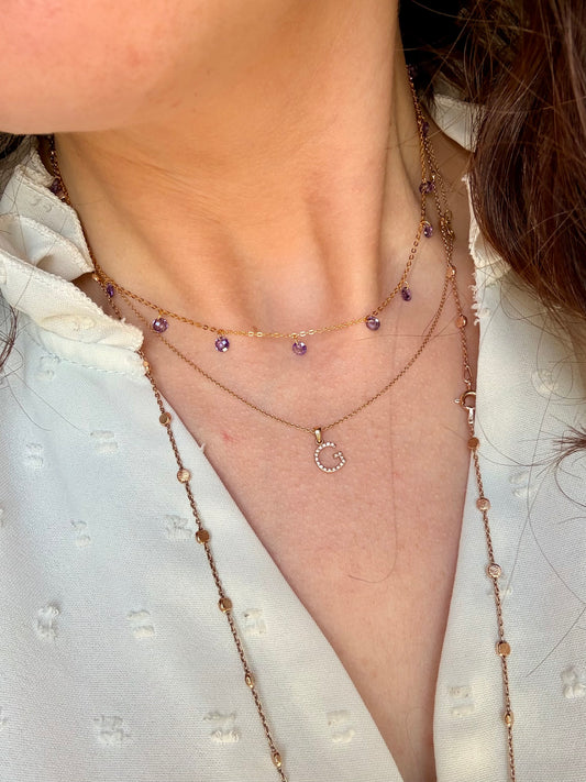 COLLANA CATENA FORZATINA CON ZIRCONI LILLA PENDENTI