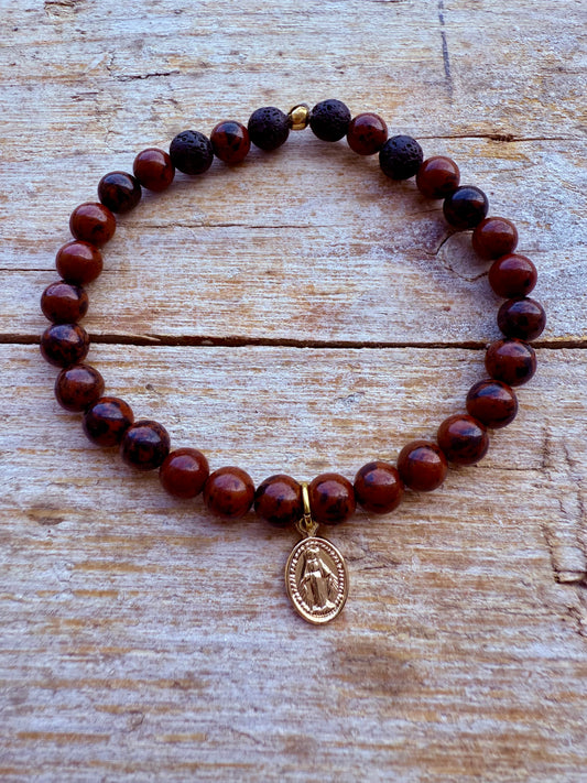 BRACCIALE ELASTICO OSSIDIANA MOGANO, LAVA NERA E MADONNINA