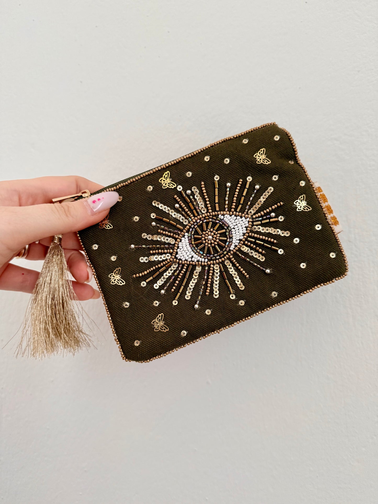 POCHETTE OCCHIO DELLA PROVVIDENZA VERDE OLIVA SCURO-ORO-BIANCO