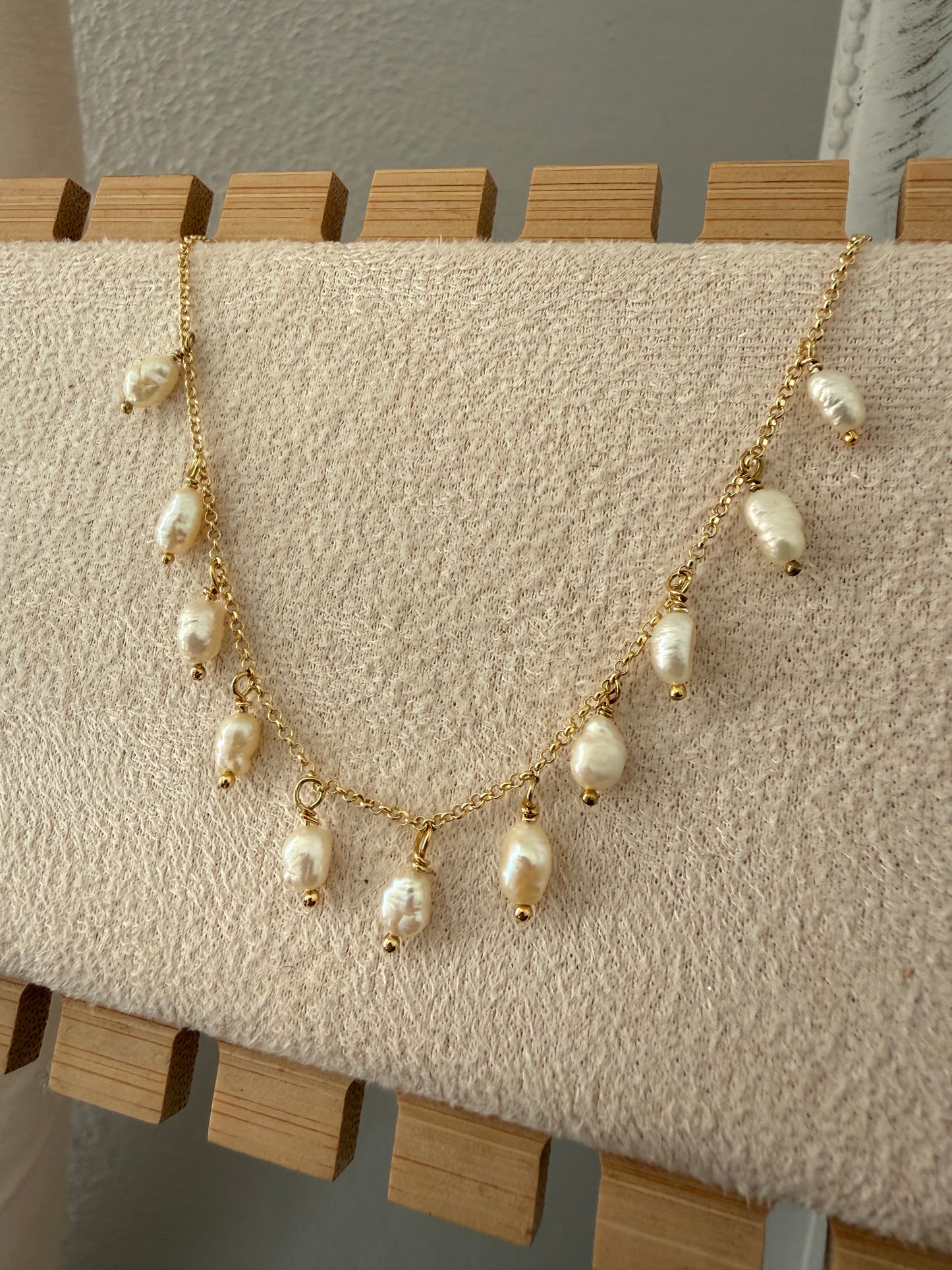 COLLANA CATENA ROLÓ CON PERLE NATURALI RISINO PENDENTI