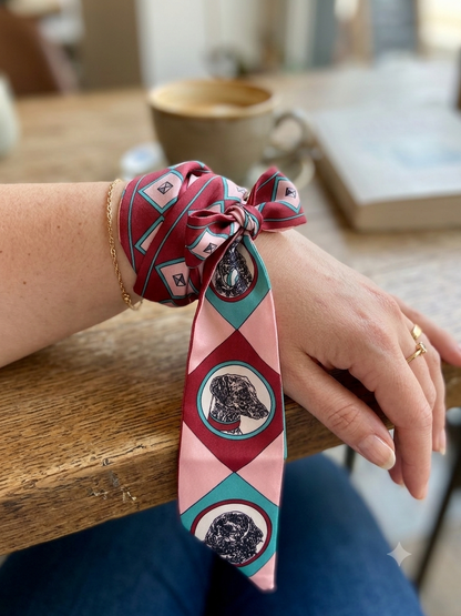 BANDANA FOULARD CON CANI ROSSO BORDEAUX-ROSA CHIARO-BLU TURCHESE