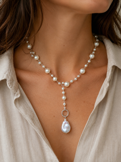 COLLANA LUNGA TRASFORMABILE PERLE SINTETICHE E PERLA BAROCCA