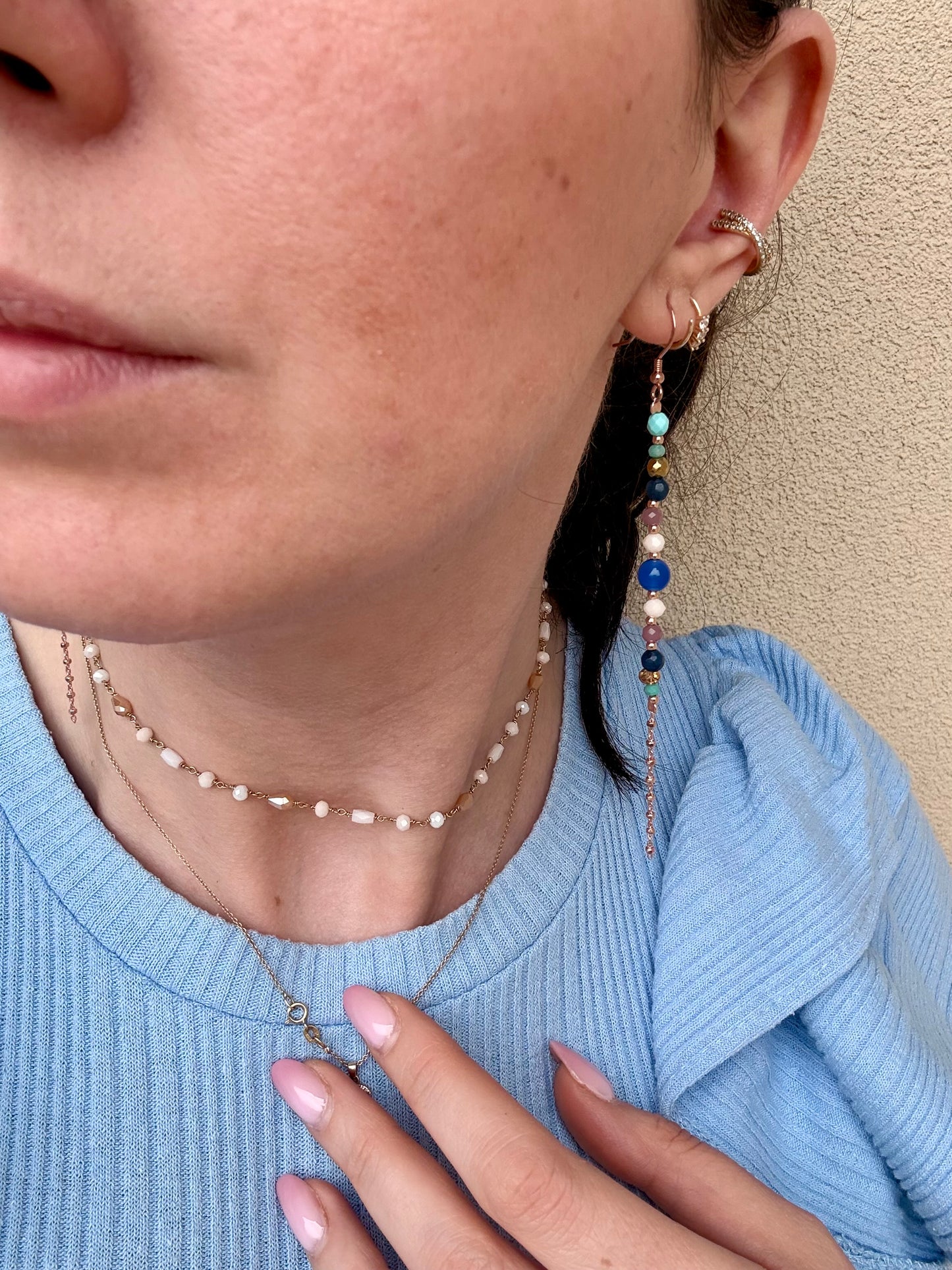 COPPIA ORECCHINI PENDENTI CON PIETRE DURE IN ARGENTO 925 ROSÉ