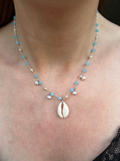 COLLANA CRISTALLI, PERLE E CONCHIGLIA