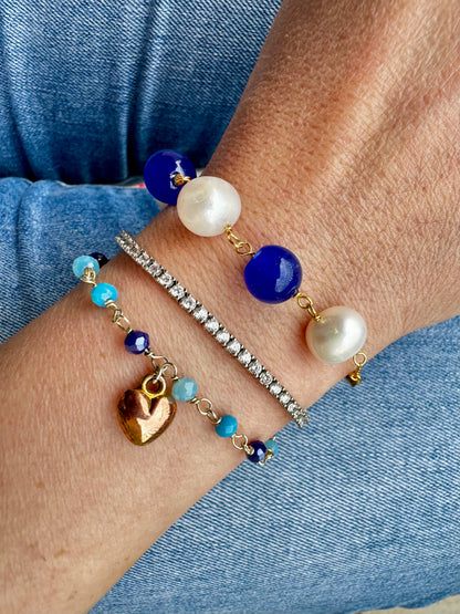 BRACCIALE PERLE BIANCHE E GIADA BLU