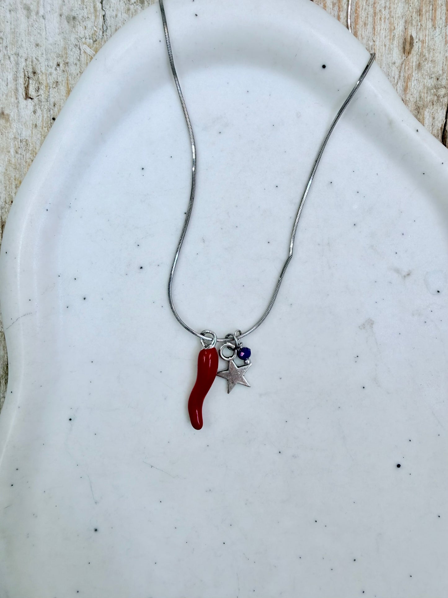 COLLANA PORTAFORTUNA CATENA SERPENTINA CM 45 CON CORNETTO + CRISTALLO + SIMBOLO EMOZIONALE