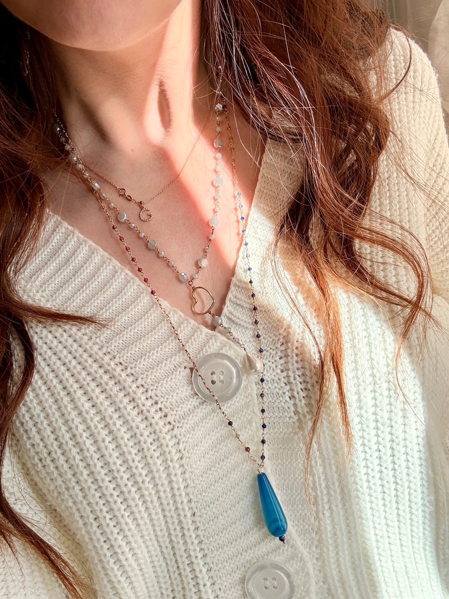 COLLANA LUNGA CON PIETRA BLU A GOCCIA PENDENTE CATENA ROSARIO PIETRE DURE