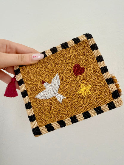 POCHETTE UCCELLO CON CUORE & STELLA MARRONE SENAPE-ORO CHIARO-NERO