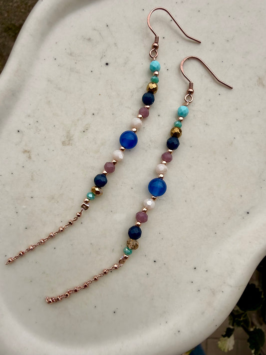 COPPIA ORECCHINI PENDENTI CON PIETRE DURE IN ARGENTO 925 ROSÉ