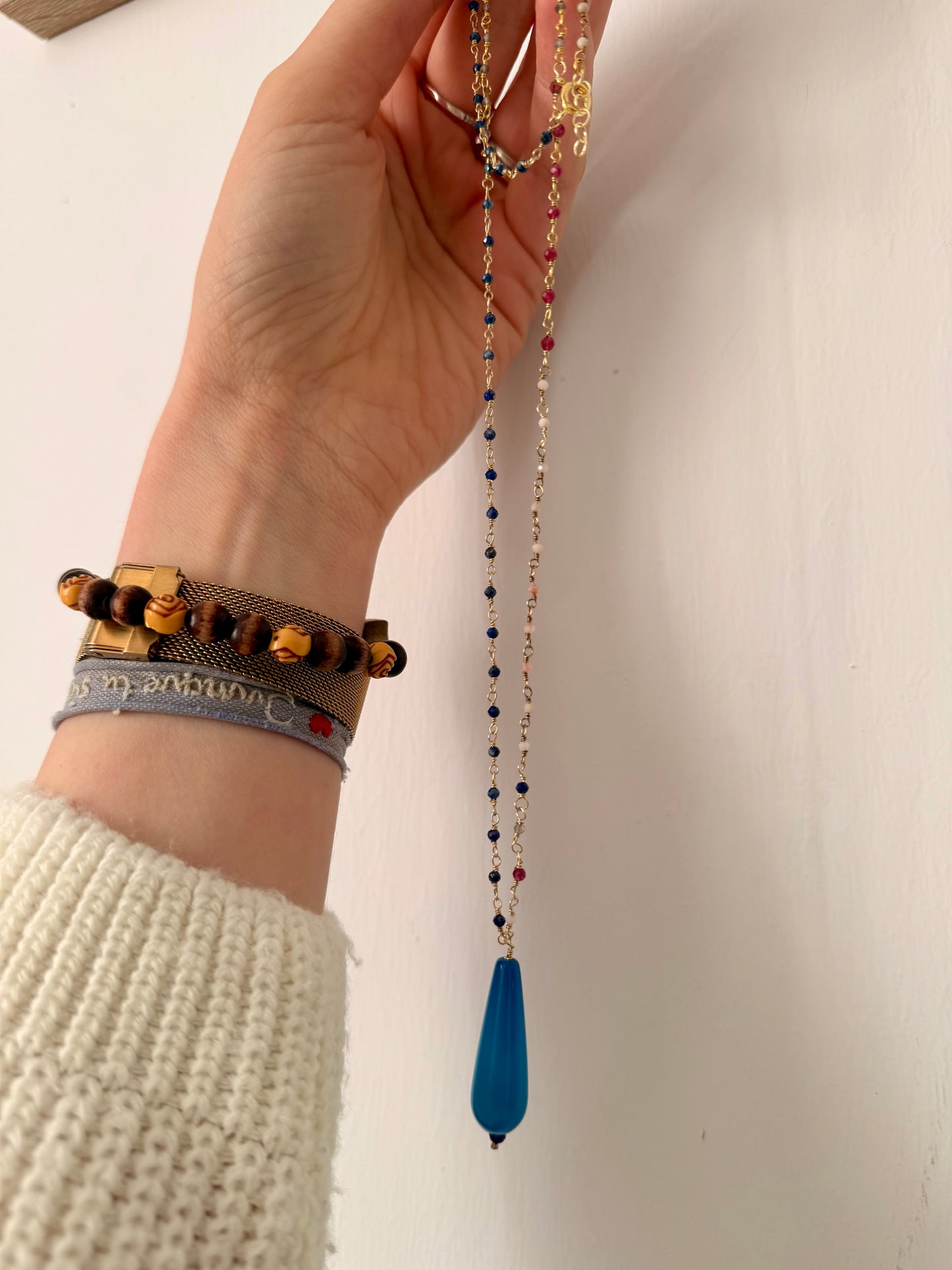 COLLANA LUNGA CON PIETRA BLU A GOCCIA PENDENTE CATENA ROSARIO PIETRE DURE