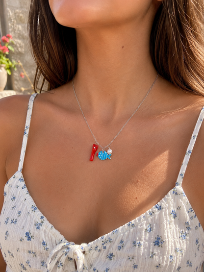 COLLANA CATENA FORZATINA IN ARGENTO 925 CON PESCE, CORALLO BAMBÙ E PERLA D’ACQUA DOLCE