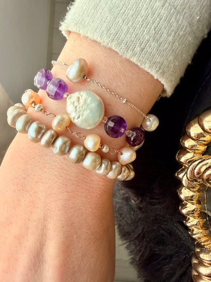 BRACCIALE DI PERLE IRREGOLARI ARGENTO/LILLA