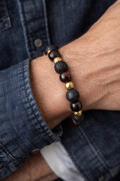 BRACCIALE ELASTICO CON OCCHIO DI TIGRE ROSSO, LAVA ED EMATITE DORATA