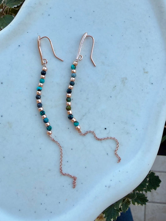 COPPIA ORECCHINI PENDENTI CON CASCATA DI TURCHESE IN ARGENTO 925 ROSÉ