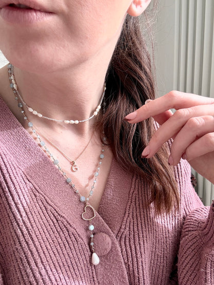 COLLANA LABRADORITE E TRIS DI PERLE TRA DUE PEPITE IN ARGENTO ROSÉ