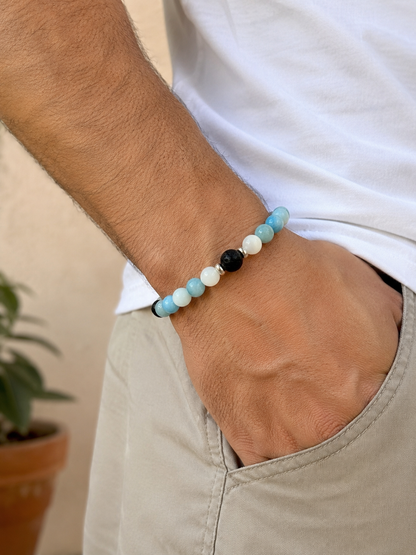 BRACCIALE ELASTICO CON LAVA, MADREPERLA, ACQUAMARINA E QUARZO LARIMAR