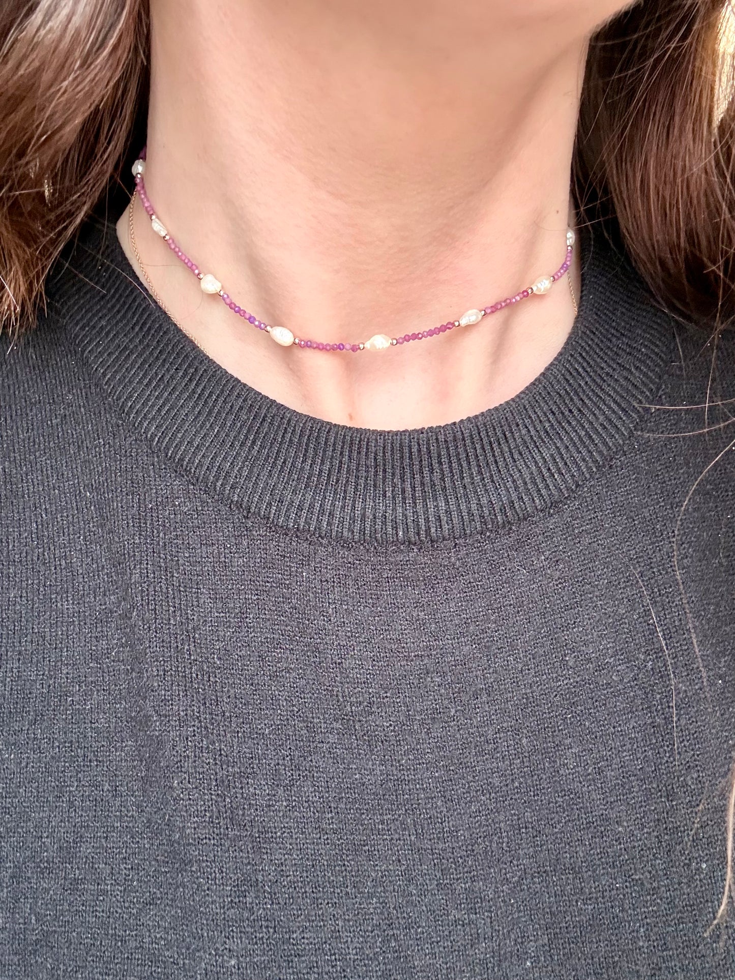 COLLANA LEPIDOLITE ALTERNATA DA PERLE E PEPITE ARGENTO ROSÉ