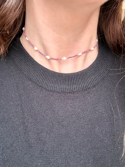 COLLANA LEPIDOLITE ALTERNATA DA PERLE E PEPITE ARGENTO ROSÉ