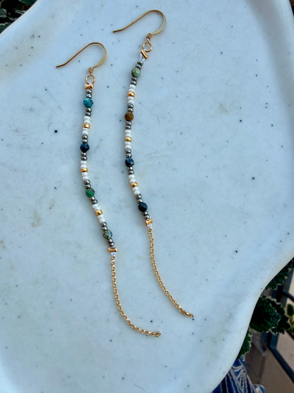COPPIA ORECCHINI PENDENTI IN ARGENTO 925 DORATO CON TURCHESE E PERLINE