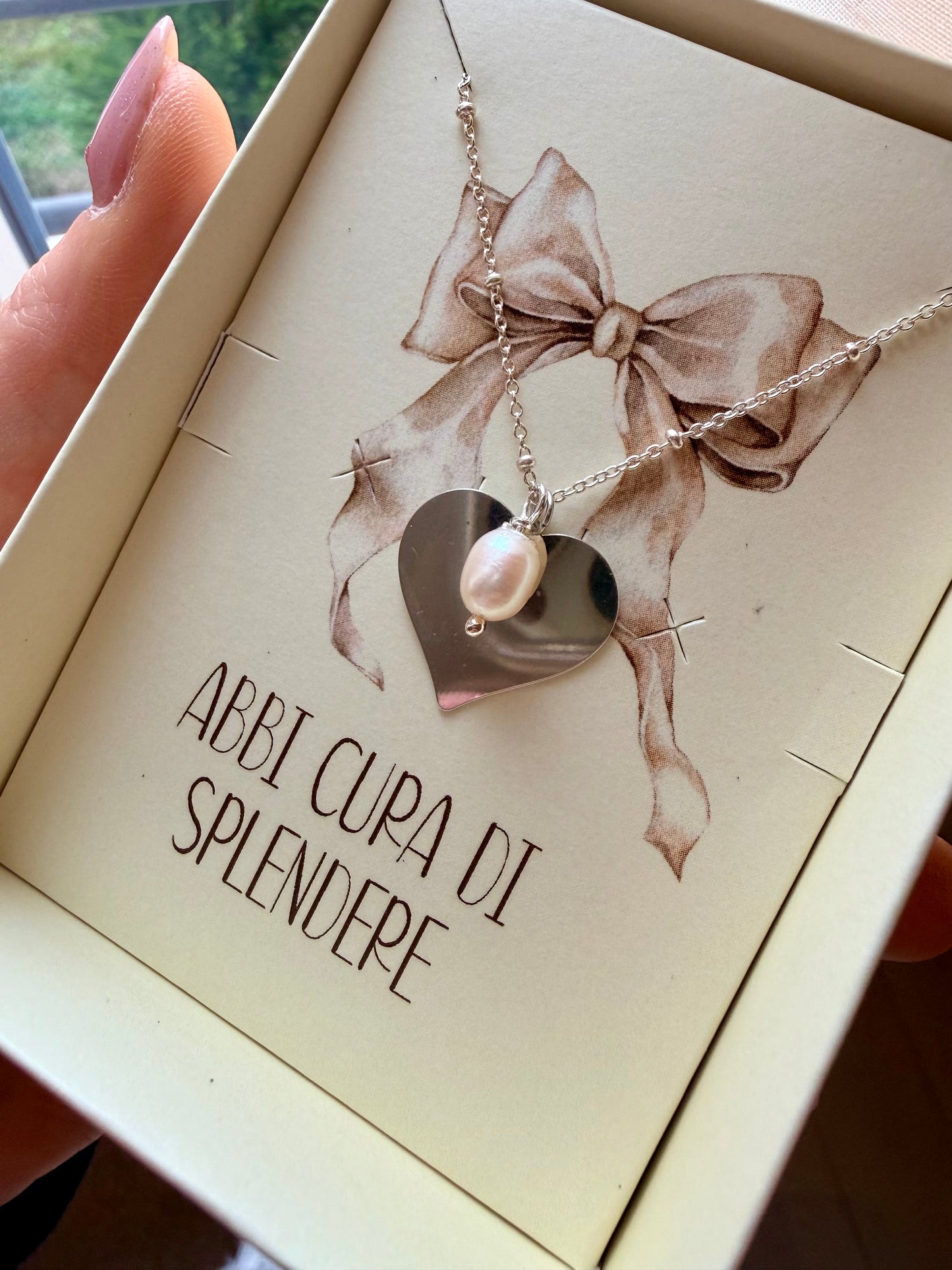 COLLANA CATENA RONDELLE ARGENTO CON CUORE E PERLA BIANCA