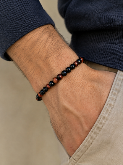 BRACCIALE UOMO CON PIETRE NATURALI DI OSSIDIANA NERA E OCCHIO DI TIGRE ROSSO