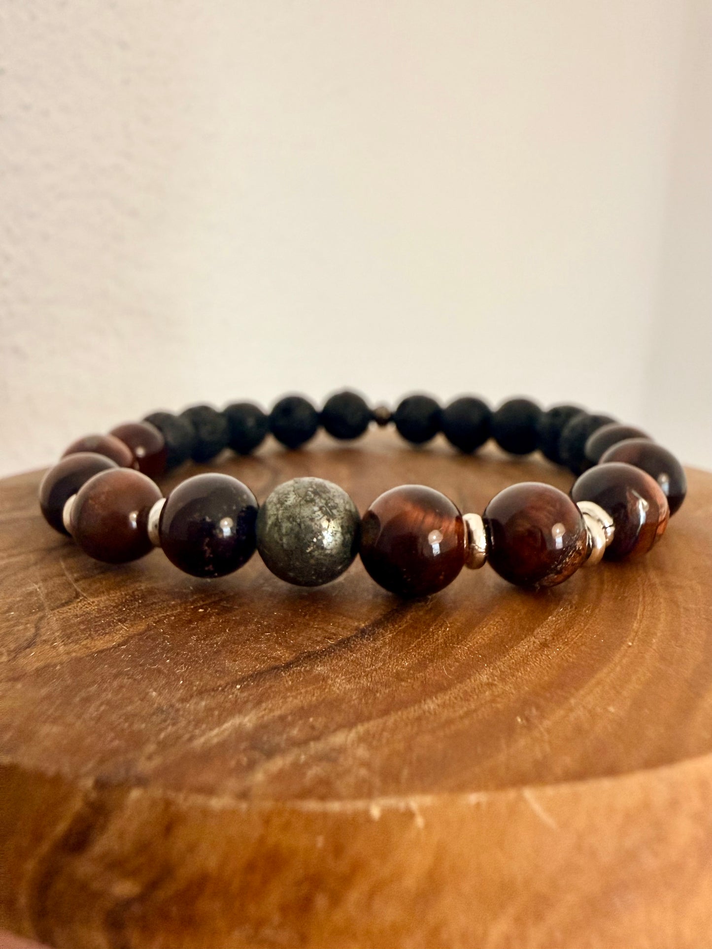 BRACCIALE ELASTICO CON OCCHIO EMATITE, OCCHIO DI TIGRE ROSSO E LAVA NERA