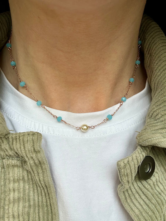 COLLANA CATENA ROLÒ ROSÈ ALTERNATA DA CRISTALLI AZZURRO POLVERE