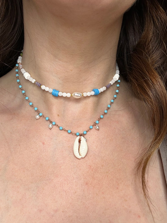 COLLANA SFERE VETRO DI BOEMIA BIANCO, GOMMINI E PIETRE NATURALI COLORATE CON PERLA OVALE