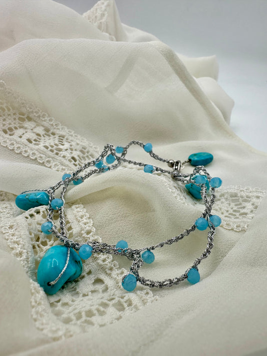 CAVIGLIERA/BRACCIALE/COLLANA IN MACRAMÈ CON CRISTALLI AZZURRI E PASTA DI TURCHESE