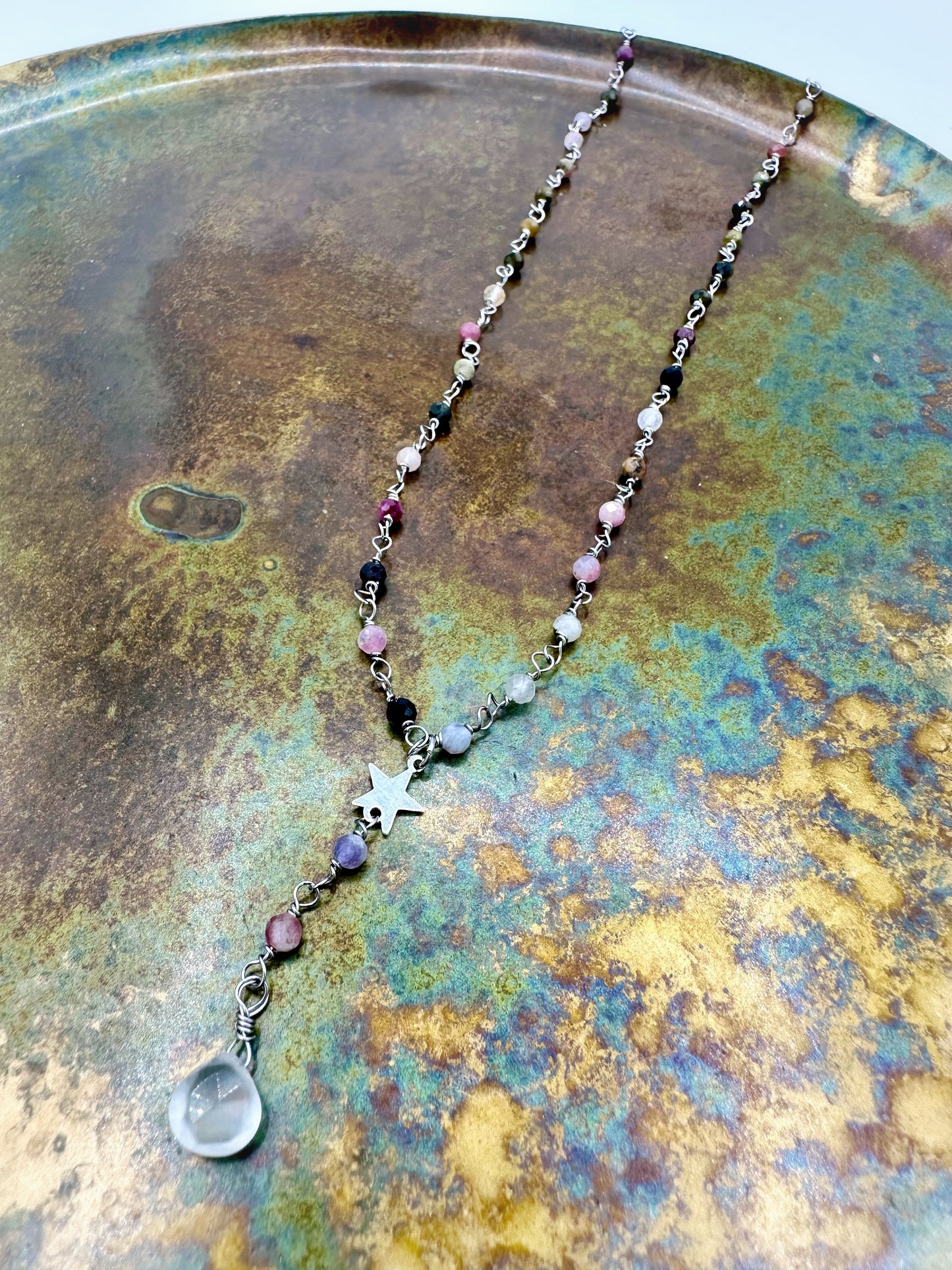 COLLANA ROSARIO PIETRE TORMALINA IN ARGENTO CON PIETRA DI LUNA E STELLA