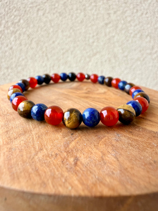 BRACCIALE ELASTICO CON GIADA ROSSA, OCCHIO DI TIGRE E LAPISLAZZULI