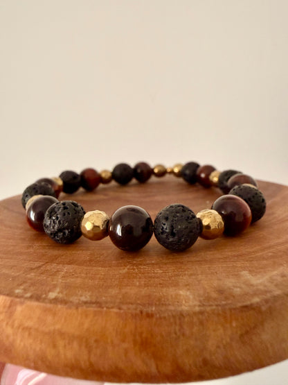 BRACCIALE ELASTICO CON OCCHIO DI TIGRE ROSSO, LAVA ED EMATITE DORATA