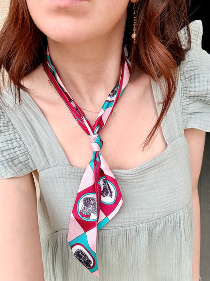 BANDANA FOULARD CON CANI ROSSO BORDEAUX-ROSA CHIARO-BLU TURCHESE
