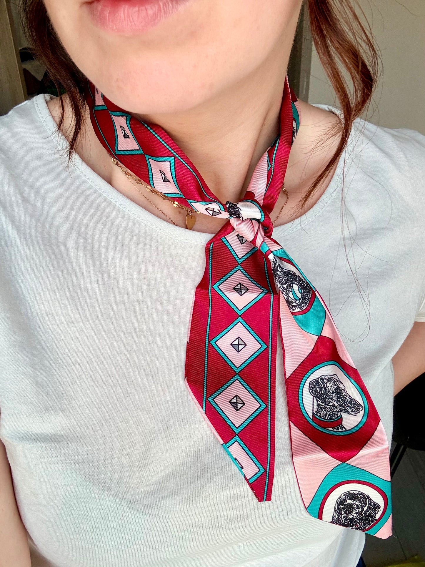 BANDANA FOULARD CON CANI ROSSO BORDEAUX-ROSA CHIARO-BLU TURCHESE