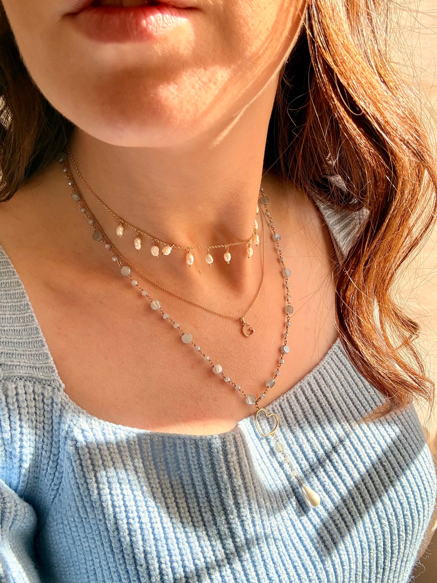 COLLANA CATENA ROLÓ CON PERLE NATURALI RISINO PENDENTI